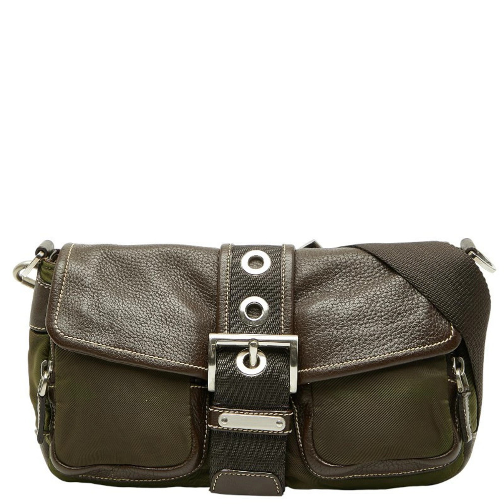 Prada Triangle Plate Hobo Bag Khaki Brown Green Brown Leather